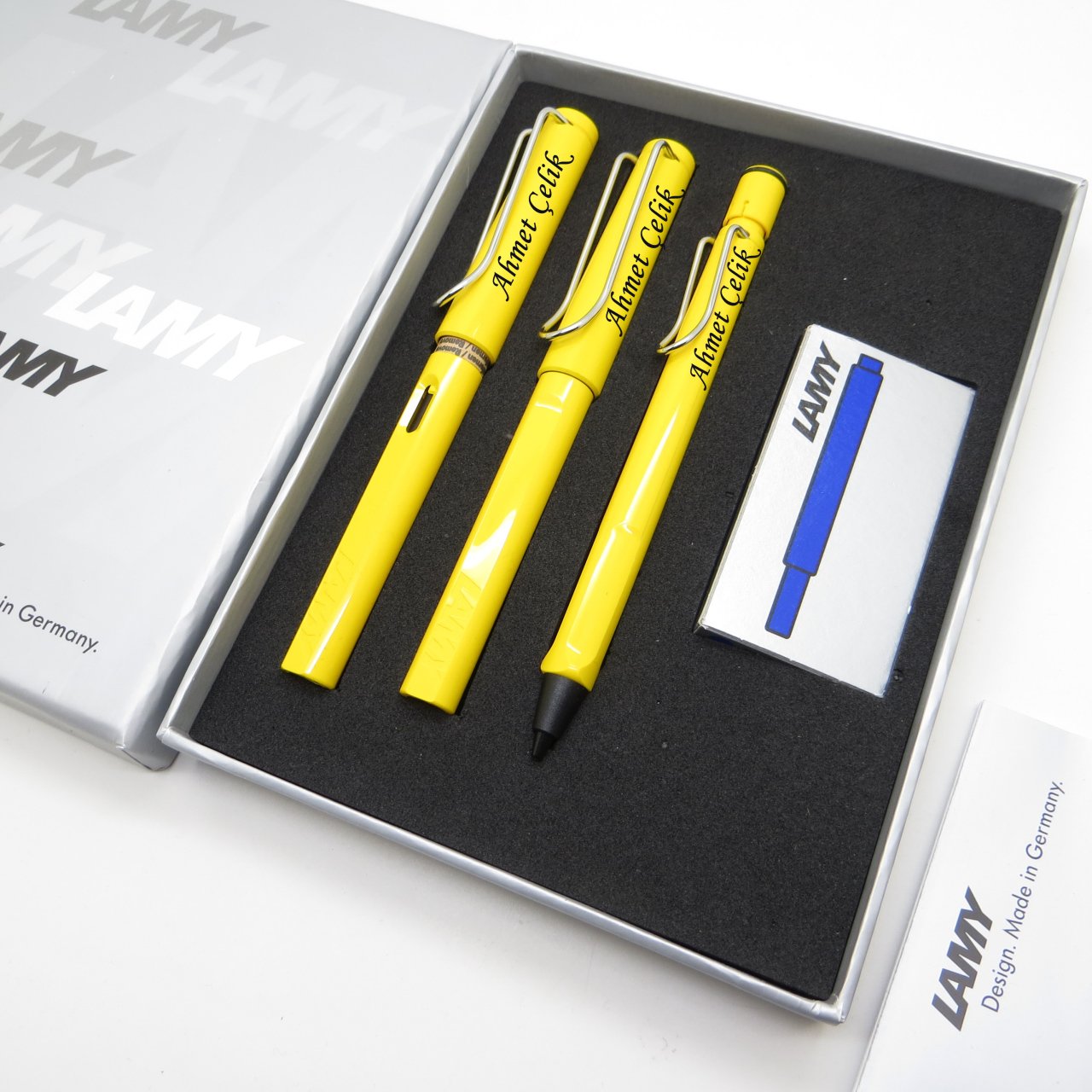 Lamy Safari Sarı Dolma Kalem + Roller Kalem + 0.5mm Tükenmez Kalem Set | İsme Özel