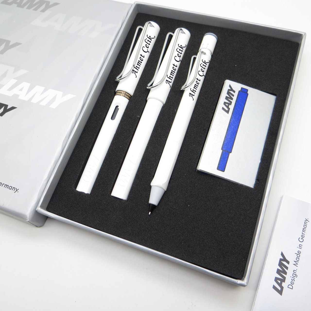 Lamy Safari Beyaz Dolma Kalem + Roller Kalem + 0.5mm Tükenmez Kalem Set | İsme Özel