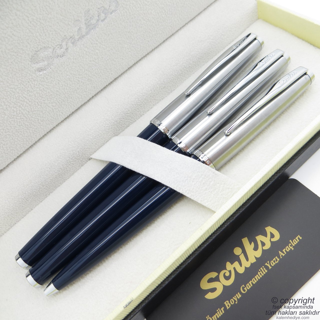 Scrikss 78 3'lü Set Lacivert | Dolma Kalem + Roller Kalem + Tükenmez Kalem Seti | Scrikss Metropolis | İsme Özel Kalem | Hediye Kalem