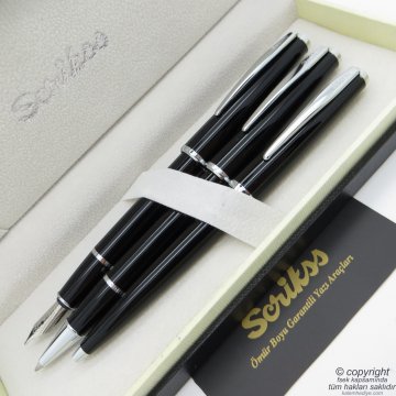 Scrikss 33 3'lü Set Siyah | Dolma Kalem + Roller Kalem + Tükenmez Kalem Seti | Scrikss Vintage | İsme Özel Kalem | Hediye Kalem