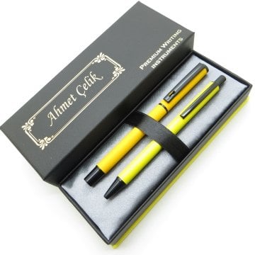 Wings Dual RT215 Sarı Pastel Roller Kalem + Tükenmez Kalem Set | İsme Özel Kalem | Hediyelik Kalem Seti