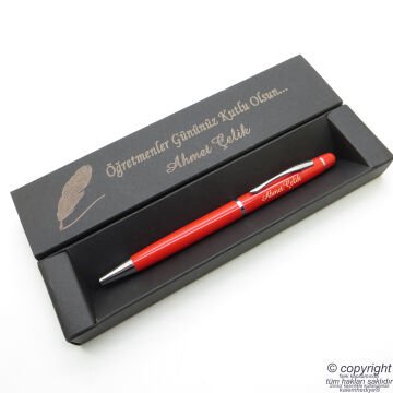 Wings İsme Özel Kırmızı Metal Touch Tükenmez Kalem + İsme Özel Kutu (Öğretmenler Günü veya başka bir mesaj)