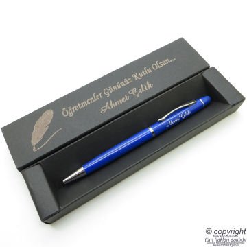 Wings İsme Özel Mavi Metal Touch Tükenmez Kalem + İsme Özel Kutu (Öğretmenler Günü veya başka bir mesaj)