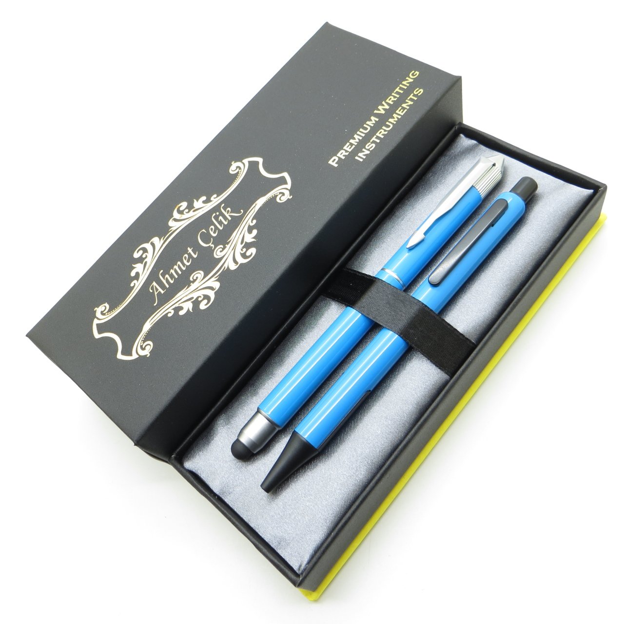 Wings Dual RT271 Mavi Krom Roller Kalem + Tükenmez Kalem Set | İsme Özel Kalem | Hediyelik Kalem Seti