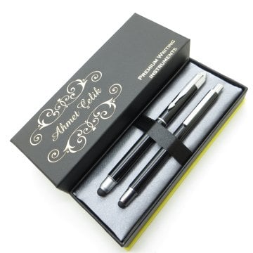 Wings Dual RT300 Siyah Roller Kalem + Tükenmez Kalem Set | İsme Özel Kalem | Hediyelik Kalem Set