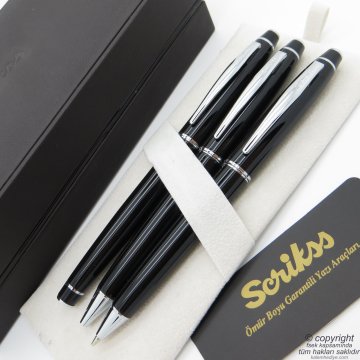 Scrikss 35 3'lü Set Siyah Ahşap Deri Kutulu | Roller Kalem + Tükenmez Kalem + Versatil Kalem Seti | Scrikss Noble | İsme Özel Kalem | Hediyelik Kalem