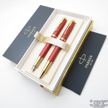 Parker IM Premium Saten Kırmızı Dolma Kalem + Roller Kalem Set | İsme Özel Kalem | Hediyelik Kalem