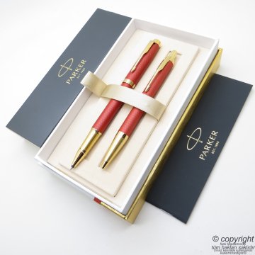 Parker IM Premium Saten Kırmızı Roller Kalem + Tükenmez Kalem Set | İsme Özel Kalem | Hediyelik Kalem