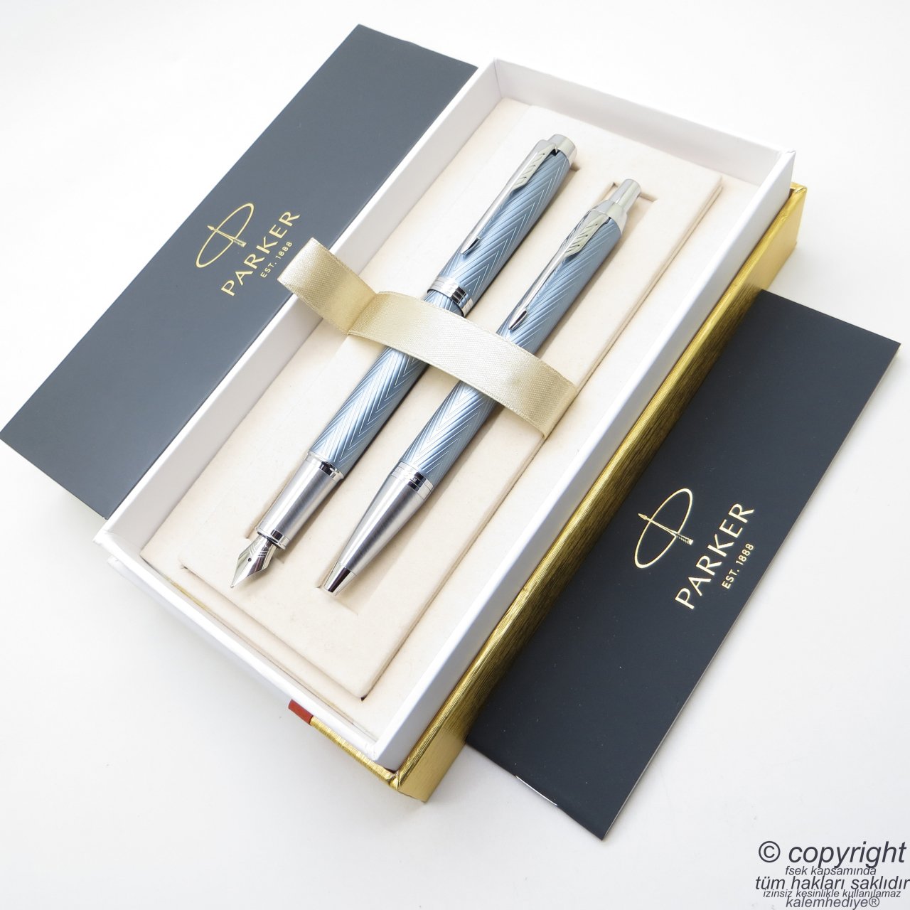 Parker IM Premium Saten Mavi Dolma Kalem + Tükenmez Kalem Set | İsme Özel Kalem | Hediyelik Kalem