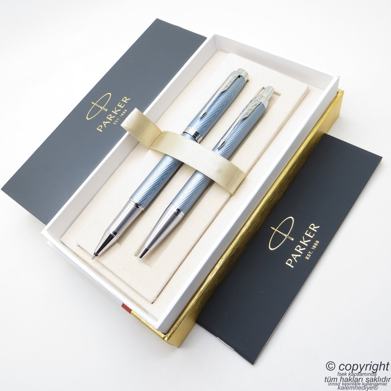 Parker IM Premium Saten Mavi Roller Kalem + Tükenmez Kalem Set | İsme Özel Kalem | Hediyelik Kalem