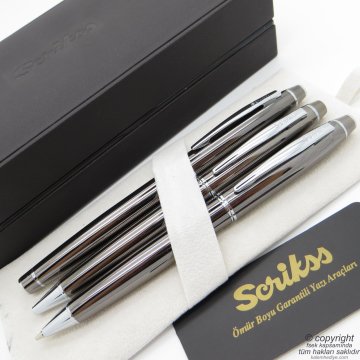 Scrikss 35 3'lü Set Titanyum Deri Ahşap Kutulu | Roller Kalem + Tükenmez Kalem + Versatil Kalem Seti | Scrikss Noble | İsme Özel Kalem | Hediyelik Kalem
