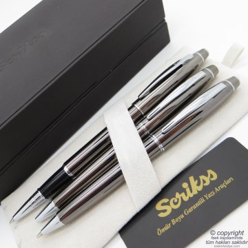 Scrikss 35 3'lü Set Titanyum Deri Ahşap Kutulu | Roller Kalem + Tükenmez Kalem + Versatil Kalem Seti | Scrikss Noble | İsme Özel Kalem | Hediyelik Kalem