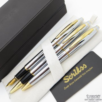 Scrikss 35 3'lü Set Gold Krom Deri Ahşap Kutulu | Dolma Kalem + Roller Kalem + Tükenmez Kalem Set | Scrikss Noble | İsme Özel Kalem | Hediyelik Kalem
