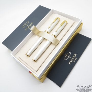 Parker IM Premium Beyaz Altın Dolma Kalem + Roller Kalem Set | İsme Özel Kalem | Hediyelik Kalem