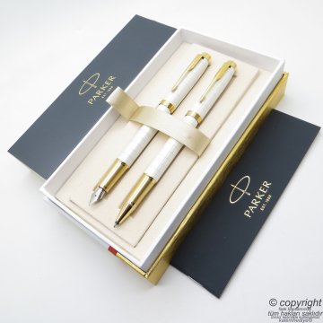 Parker IM Premium Beyaz Altın Dolma Kalem + Roller Kalem Set | İsme Özel Kalem | Hediyelik Kalem