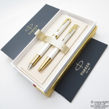 Parker IM Premium Beyaz Altın Dolma Kalem + Tükenmez Kalem Set | İsme Özel Kalem | Hediyelik Kalem