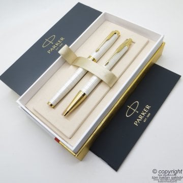 Parker IM Premium Beyaz Altın Dolma Kalem + Tükenmez Kalem Set | İsme Özel Kalem | Hediyelik Kalem