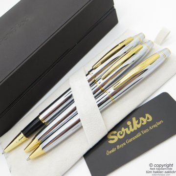 Scrikss 35 Gold Krom 3'lü Set Deri Ahşap Kutulu | Roller Kalem + Tükenmez Kalem + Versatil Kalem Seti | Scrikss Noble | İsme Özel Kalem | Hediyelik Kalem