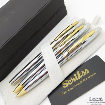 Scrikss 35 Gold Krom 3'lü Set Deri Ahşap Kutulu | Roller Kalem + Tükenmez Kalem + Versatil Kalem Seti | Scrikss Noble | İsme Özel Kalem | Hediyelik Kalem