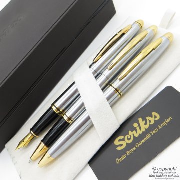 Scrikss 88 3'lü Set Gold Krom | Dolma Kalem + Roller Kalem + Tükenmez Kalem Seti | Scrikss Knight | İsme Özel Kalem | Hediyelik Kalem