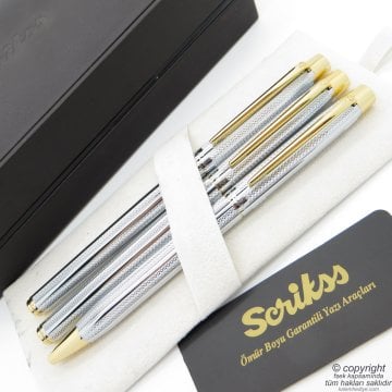 Scrikss 722W 3'lü Set Gold Krom | Dolma Kalem + Roller Kalem + Tükenmez Kalem Seti | Scrikss Venüs | İsme Özel Kalem | Hediyelik Kalem