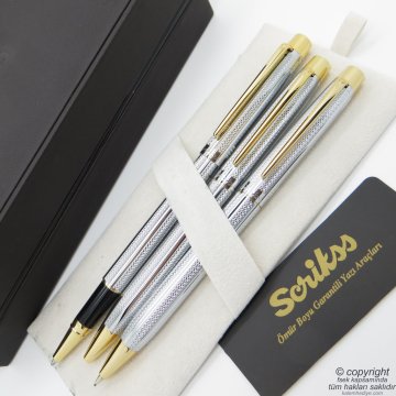 Scrikss 722W 3'lü Set Gold Krom | Roller Kalem + Tükenmez Kalem + Versatil Kalem Seti | Scrikss Venüs | İsme Özel Kalem | Hediyelik Kalem