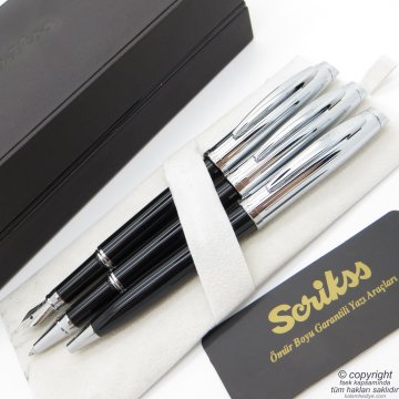 Scrikss 39 3'lü Set Siyah | Dolma Kalem + Roller Kalem + Tükenmez Kalem Set | Scrikss Oscar | İsme Özel Kalem | Hediyelik Kalem