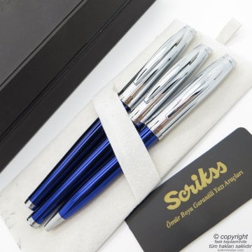 Scrikss 39 3'lü Set Lacivert Krom | Dolma Kalem + Roller Kalem + Tükenmez Kalem Set | Scrikss Oscar | İsme Özel Kalem | Hediyelik Kalem