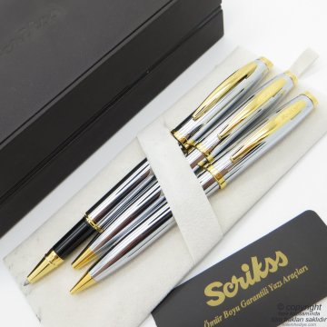 Scrikss 39 3'lü Takım Gold Krom | Roller Kalem + Tükenmez Kalem + Versatil Kalem Seti | Scrikss Oscar | İsme Özel Kalem | Hediyelik Kalem