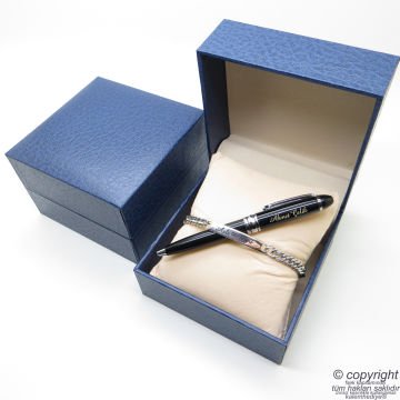 Kişiye Özel Krom Metal Unisex Bileklik + İsme Özel Mini Cep Kalemi - Hediyelik Kutulu Set