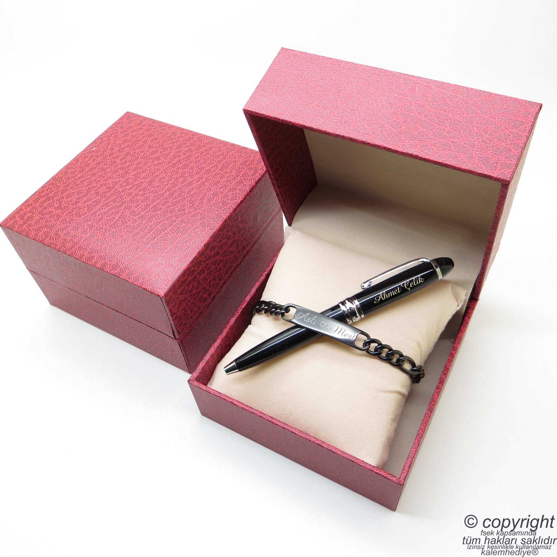 Kişiye Özel Titanyum Metal Unisex Bileklik + İsme Özel Mini Cep Kalemi - Hediyelik Kutulu Set