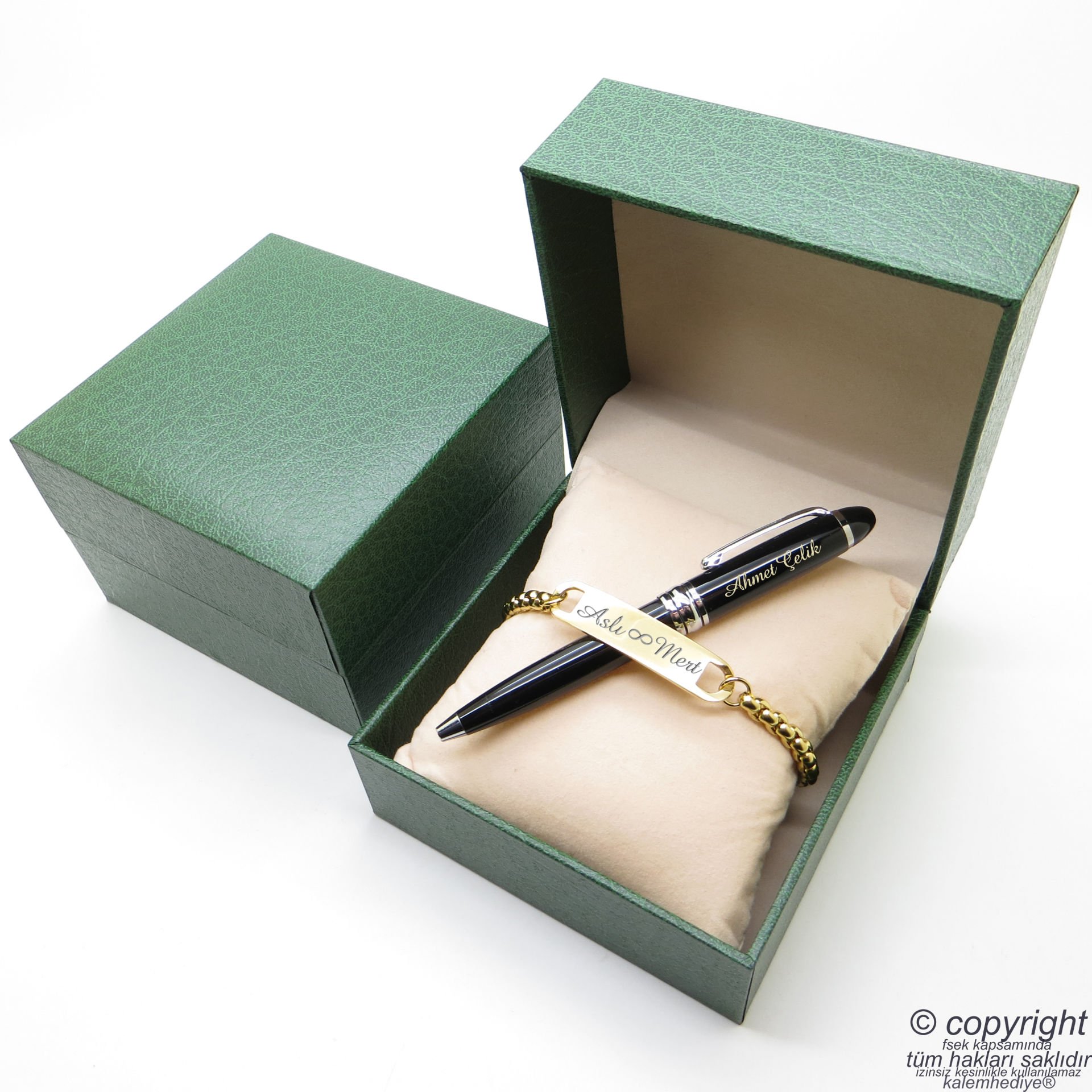 Kişiye Özel Full Gold Krom Metal Unisex Bileklik + İsme Özel Mini Cep Kalemi - Hediyelik Kutulu Set