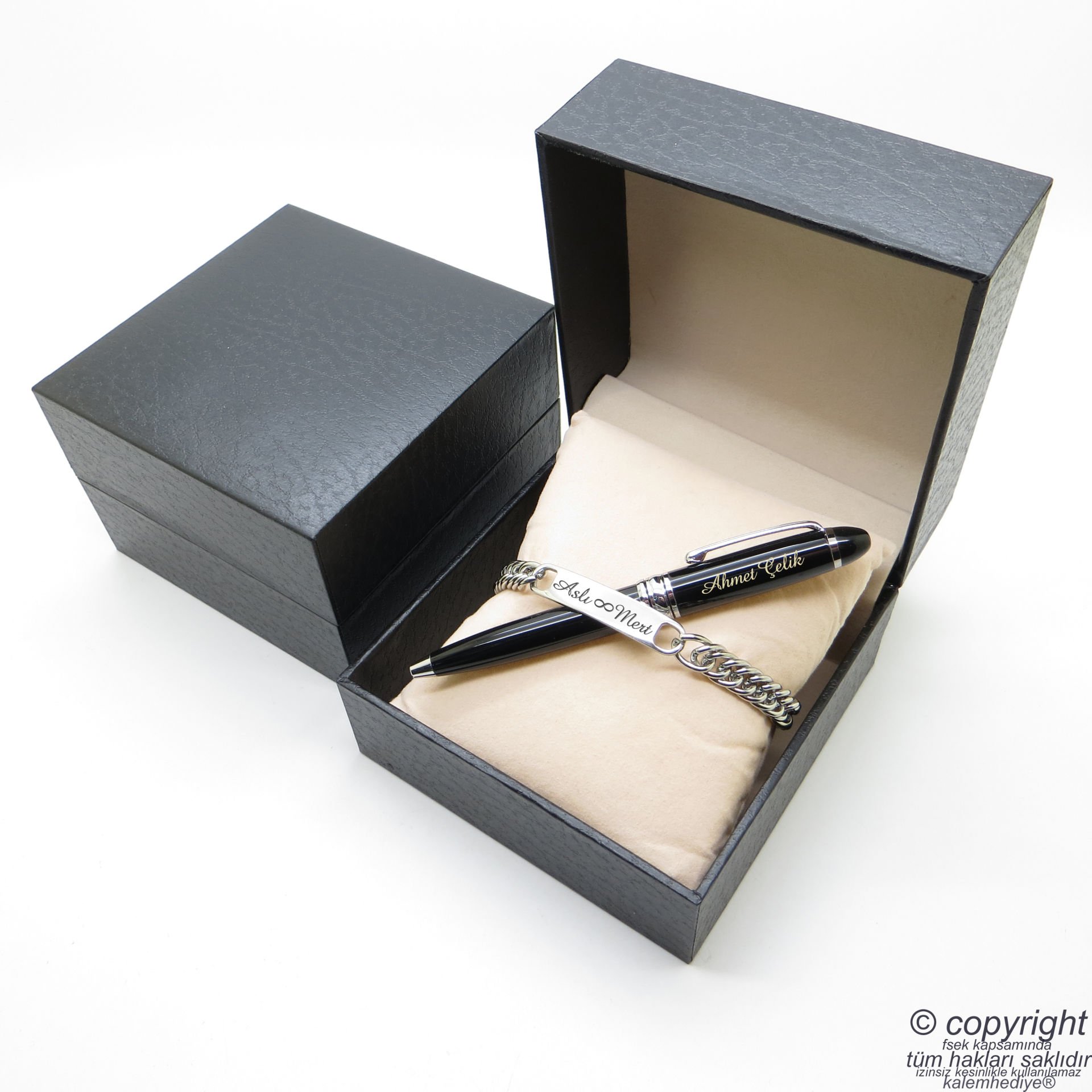 Kişiye Özel Krom Metal Unisex Bileklik + İsme Özel Mini Cep Kalemi - Hediyelik Kutulu Set