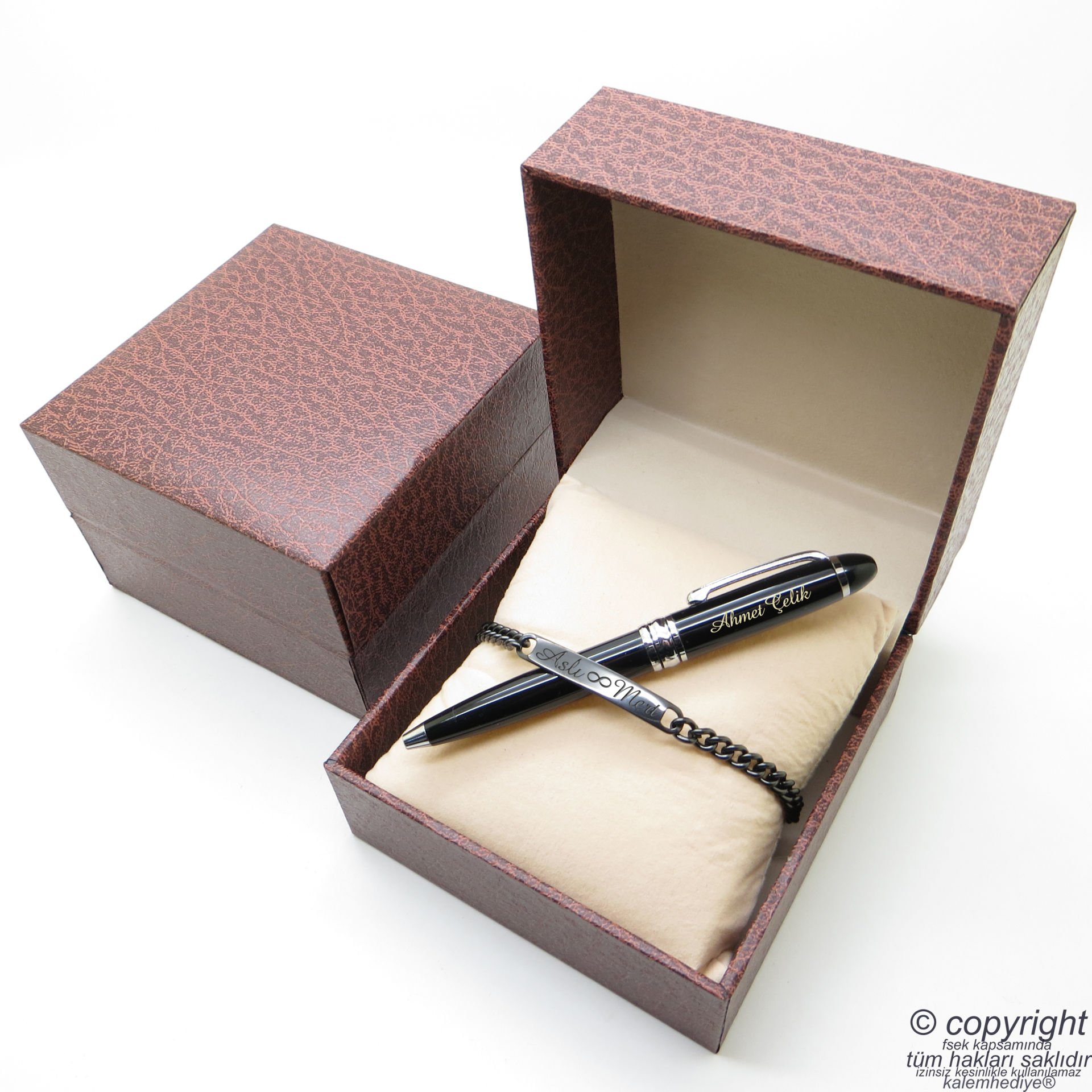 Kişiye Özel Titanyum Metal Unisex Bileklik + İsme Özel Mini Cep Kalemi - Hediyelik Kutulu Set
