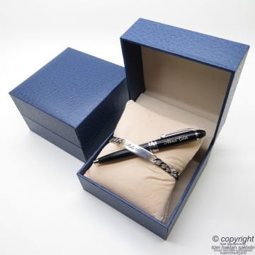 Kişiye Özel Metal Krom Unisex Bileklik + İsme Özel Mini Cep Kalemi - Hediyelik Kutulu Set