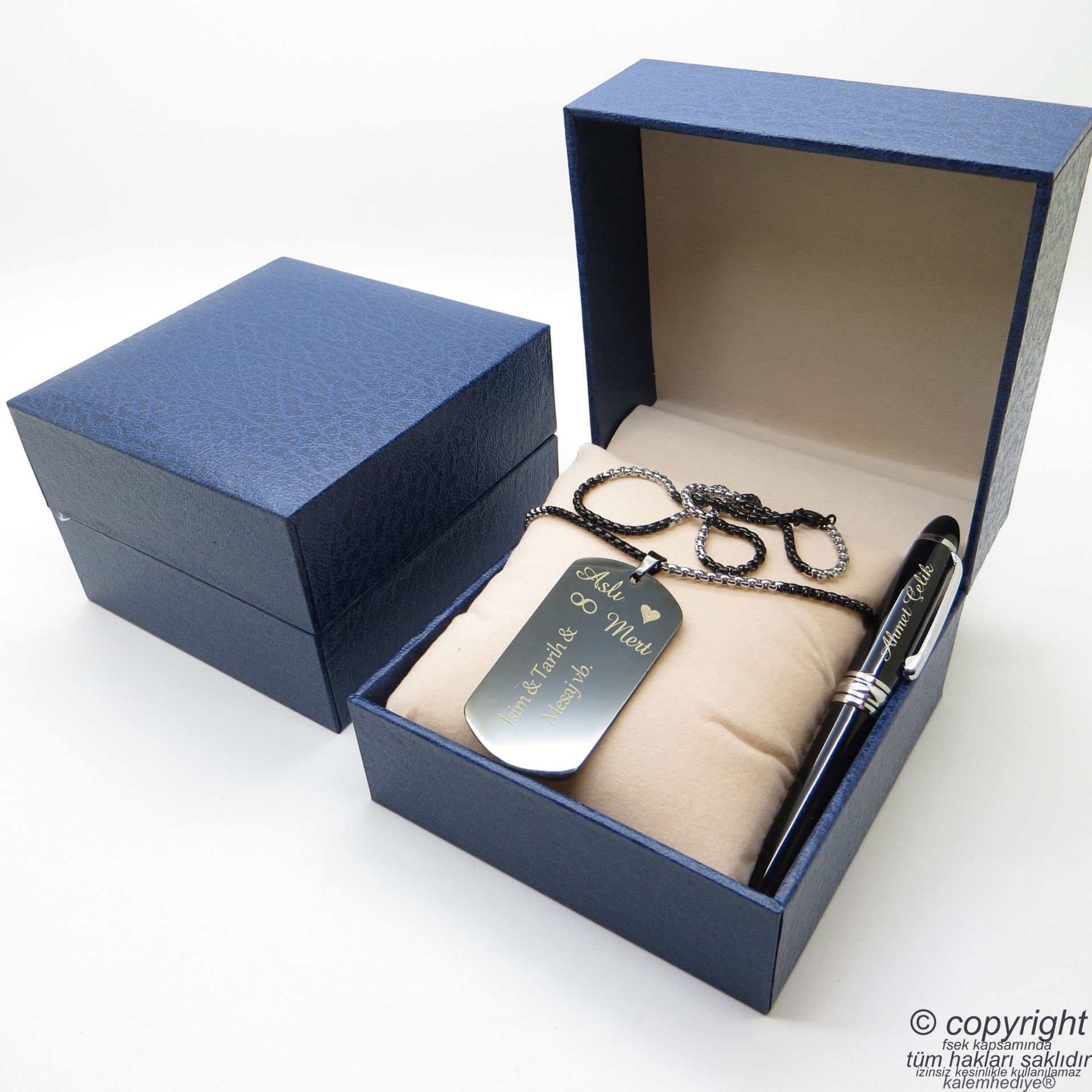 Kişiye Özel Titanyum Künye Kolye + İsme Özel Mini Cep Kalemi - Hediyelik Kutulu Set