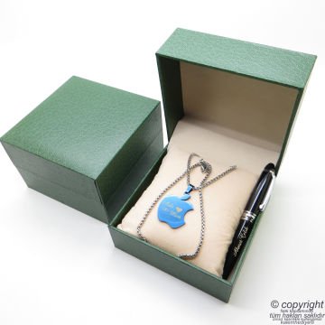 Kişiye Özel Mavi Apple Kolye + İsme Özel Mini Cep Kalemi - Hediyelik Kutulu Set