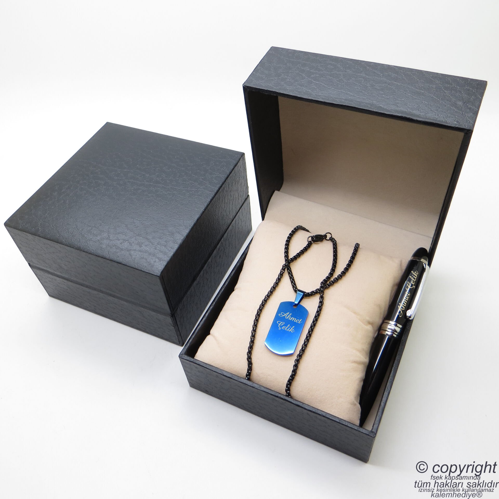 Kişiye Özel Mavi Mini Künye Kolye + İsme Özel Mini Cep Kalemi - Hediyelik Kutulu Set