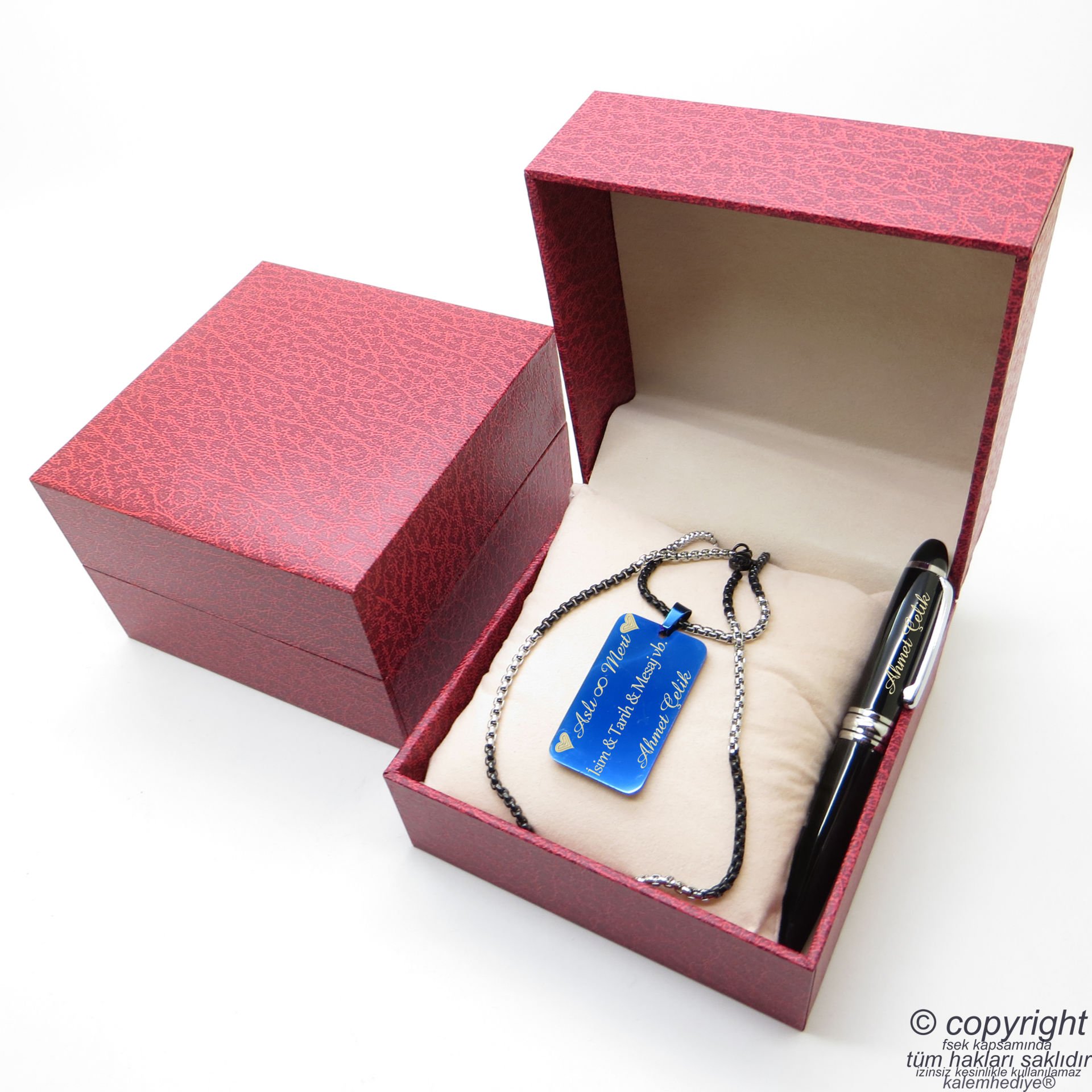Kişiye Özel Mavi Künye Kolye + İsme Özel Mini Cep Kalemi - Hediyelik Kutulu Set