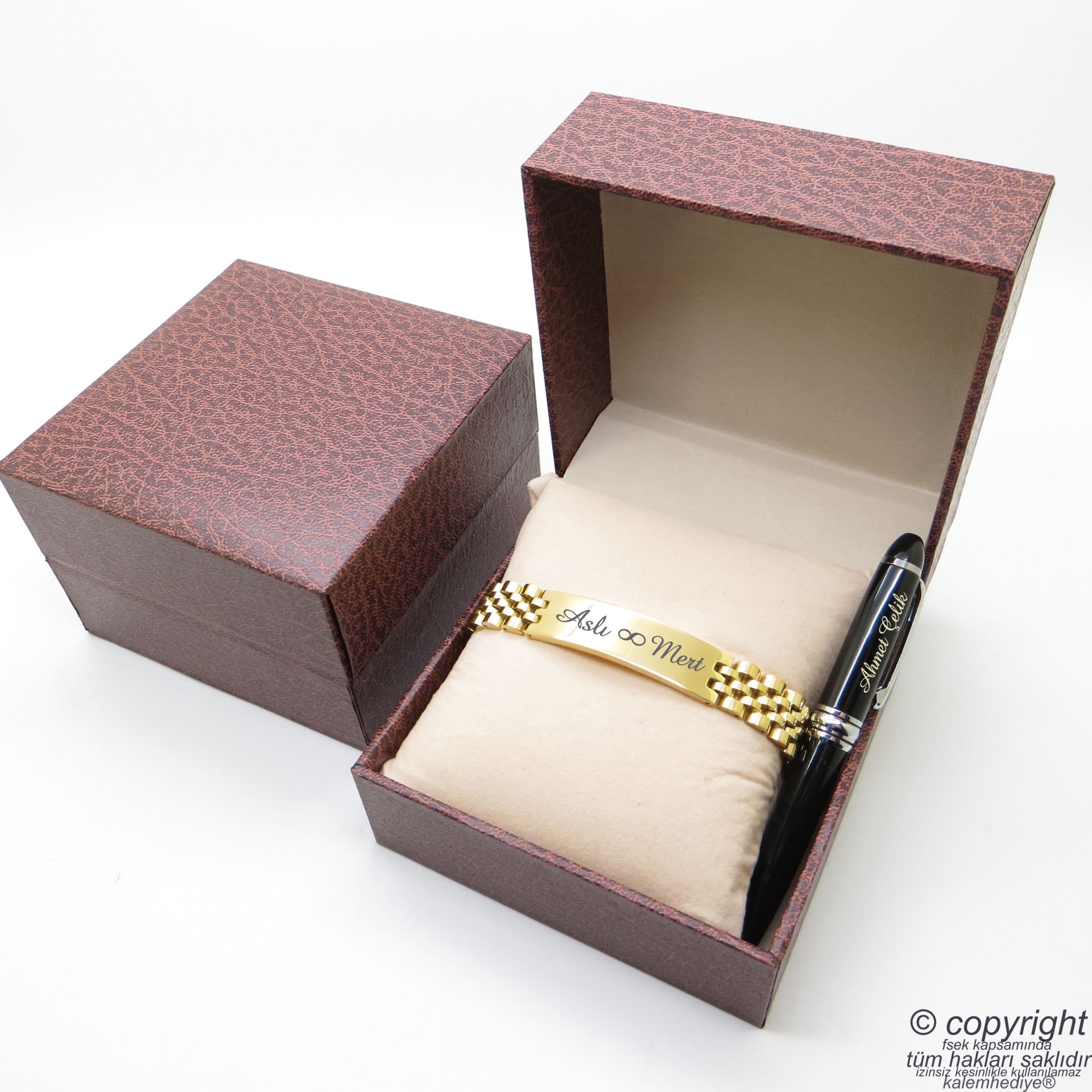 Kişiye Özel Full Gold Bileklik Unisex + İsme Özel Mini Cep Kalemi - Hediyelik Kutulu Set
