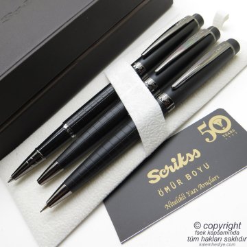 Scrikss 38 Mat Siyah 3'lü Deri Ahşap Kutulu Set Roller Kalem + Tükenmez Kalem + Versatil Kalem Seti | Scrikss Noble | İsme Özel Kalem | Hediyelik Kalem