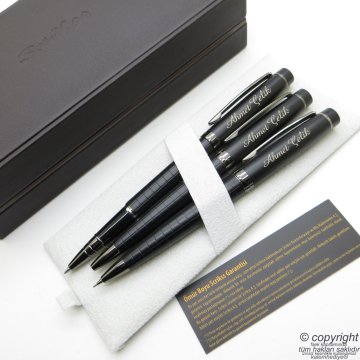 Scrikss 38 Mat Siyah 3'lü Deri Ahşap Kutulu Set Roller Kalem + Tükenmez Kalem + Versatil Kalem Seti | Scrikss Noble | İsme Özel Kalem | Hediyelik Kalem