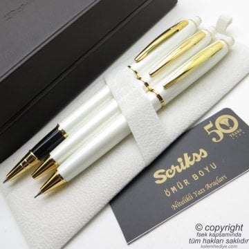 Scrikss 35 Beyaz Altın 3'lü Set Ahşap Deri Kutulu | Roller Kalem + Tükenmez Kalem + Versatil Kalem Seti | Scrikss Noble | İsme Özel Kalem | Hediyelik Kalem