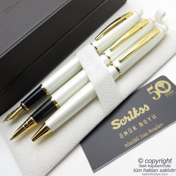 Scrikss 35 3'lü Set Beyaz Altın Deri Ahşap Kutulu | Dolma Kalem + Roller Kalem + Tükenmez Kalem Set | Scrikss Noble | İsme Özel Kalem | Hediyelik Kalem