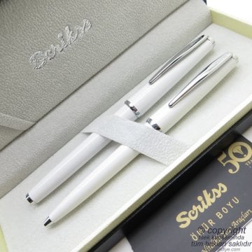 Scrikss 33 Beyaz Roller Kalem + Tükenmez Kalem Set | Scrikss Kalem | İsme Özel Kalem | Hediyelik Kalem
