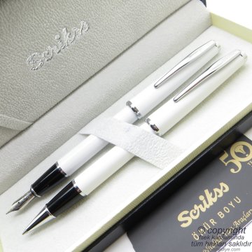 Scrikss 33 Beyaz Dolma Kalem + Roller Kalem Set | Scrikss Kalem | İsme Özel Kalem | Hediyelik Kalem