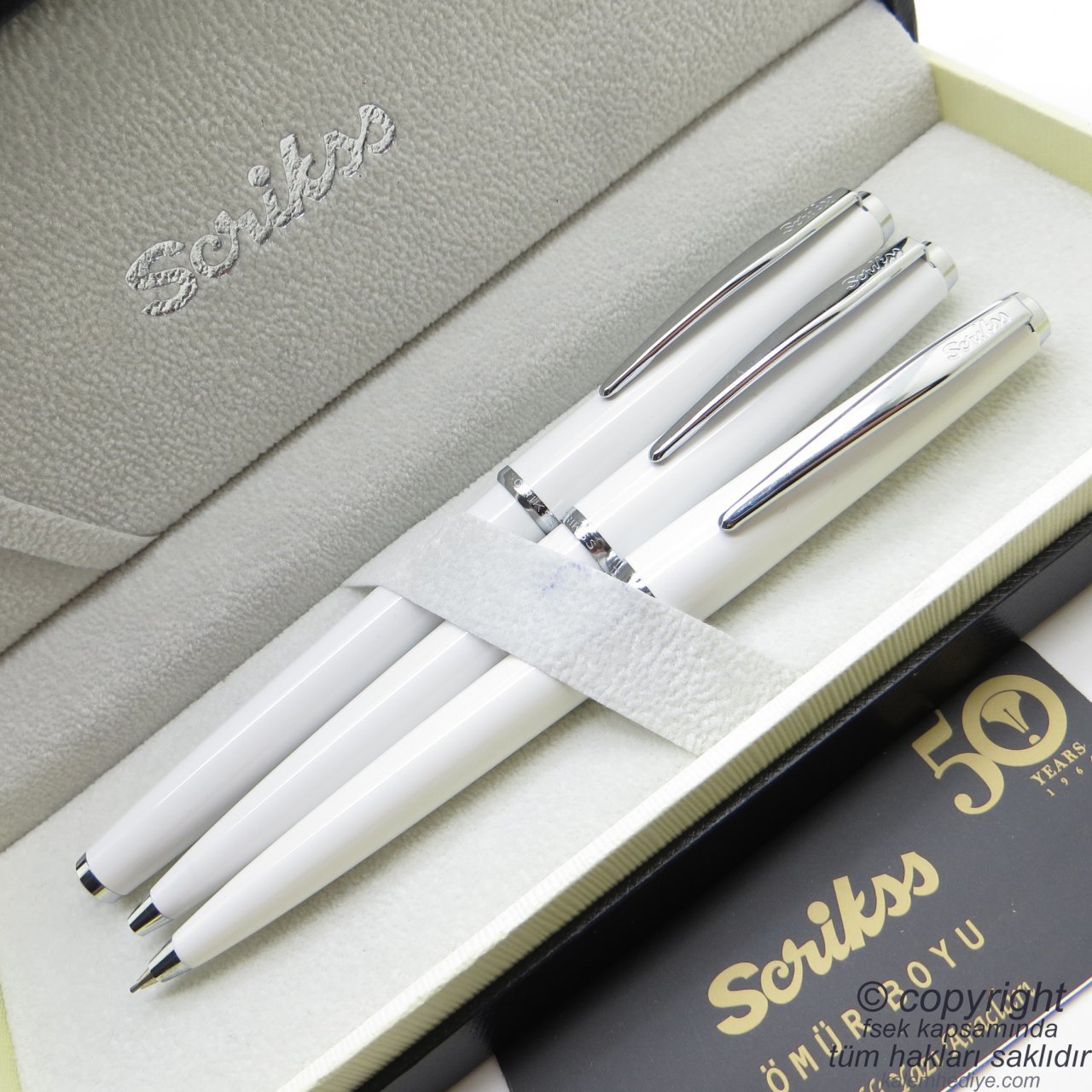 Scrikss 33 3'lü Set Beyaz | Roller Kalem + Tükenmez Kalem + Versatil Kalem Seti | Scrikss Vintage | İsme Özel Kalem | Hediye Kalem