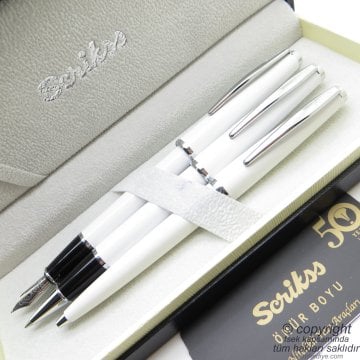 Scrikss 33 3'lü Set Beyaz | Dolma Kalem + Roller Kalem + Tükenmez Kalem Seti | Scrikss Vintage | İsme Özel Kalem | Hediye Kalem
