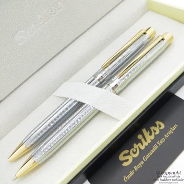 Scrikss 722W Gold Krom Tükenmez Kalem + Versatil Kalem Set | Scrikss Kalem | İsme Özel Kalem | Hediyelik Kalem