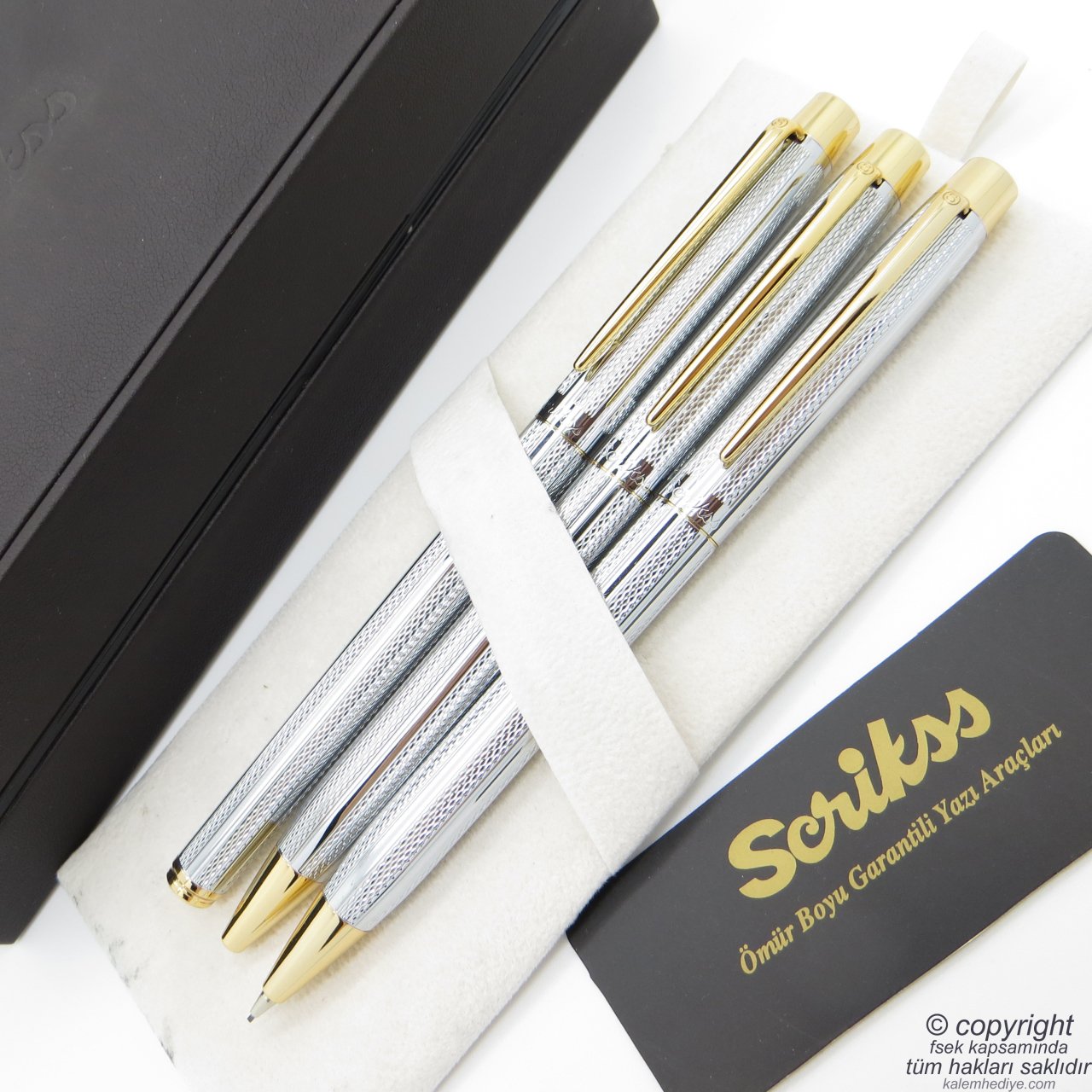 Scrikss 722W 3'lü Set Gold Krom | Dolma Kalem + Tükenmez Kalem + Versatil Kalem Set | Scrikss Kalem | İsme Özel Kalem | Hediyelik Kalem